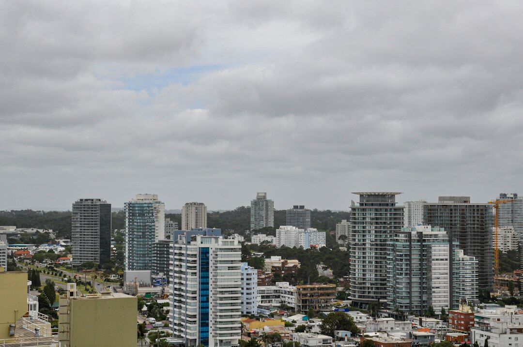 Aerial skyline view of Punta del Este with ocean and towers